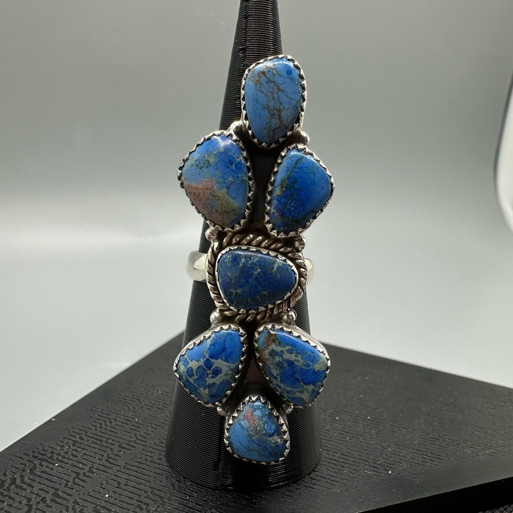 Blue Sea Sediment Jasper Sterling Silver 925 Handmade Crawler Adjustable Ring